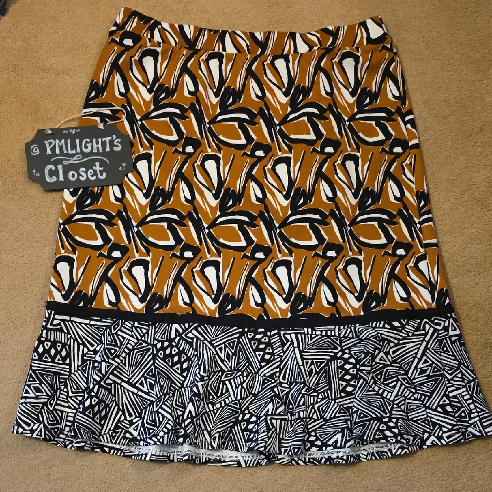 Cato Skirt 14/16W Geometric Pattern Ruffle Bottom Black White Mustard Yellow